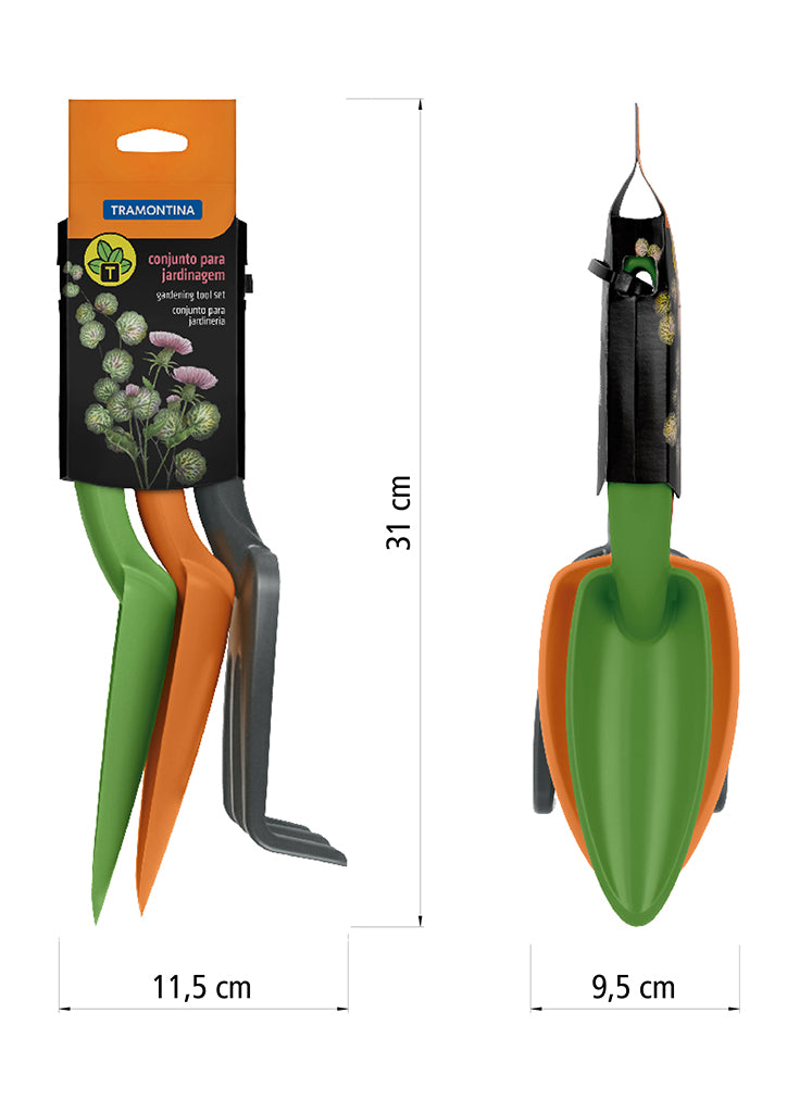 مجموعة أدوات الحديقة من ترامونتينا، مكونة من 3 قطع، مصنوعة من مادة البولي بروبيلين شديدة التحمل، متعددة الألوان، تتضمن مجرفة حديقة + مجرفة زراعة + أداة حرث
