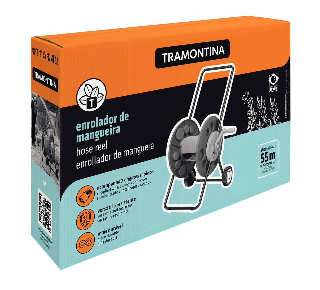 Tramontina Black Garden Hose Reel with Wheels store up to 55 meters of 1/2" hose