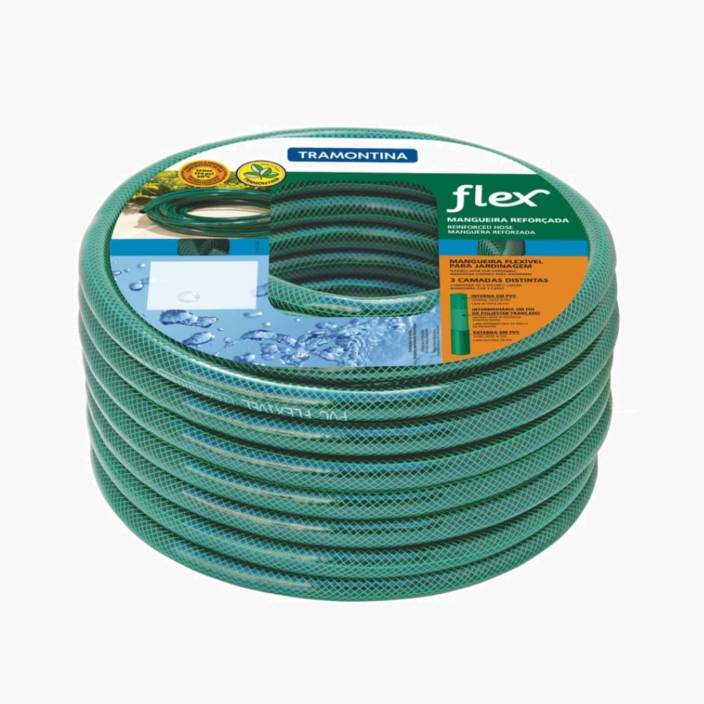 Tramontina 20m Flex Garden Hose in Green with 3-Layers PVC Fiber and Braided Polyester Cord