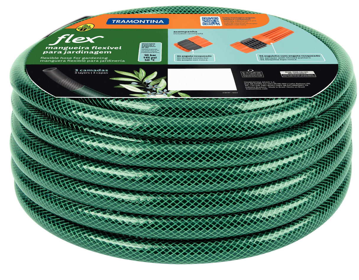 Tramontina 20m Flex Garden Hose in Green with 3-Layers PVC Fiber and Braided Polyester Cord with Thread Connectors and Sprayer