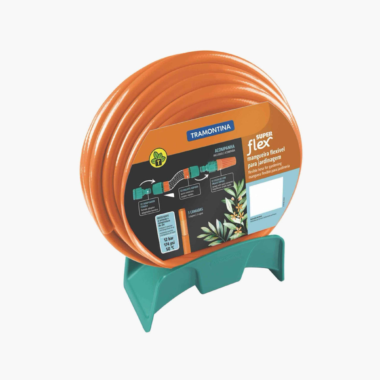 Tramontina 25m 1/2-inch Diameter Flex Garden Hose in Orange with 3-Layers PVC Fiber and Braided Polyester Cord with Quick Connectors, Sprayer and Wall Rack up to 35m Hose Capacity