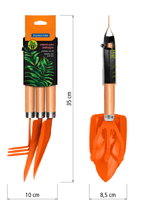 مجموعة أدوات الحديقة من ترامونتينا، مكونة من 3 قطع بمقبض خاص من الفولاذ الكربوني والخشب، تتضمن مجرفة حديقة + مجرفة زراعة + أداة حرث