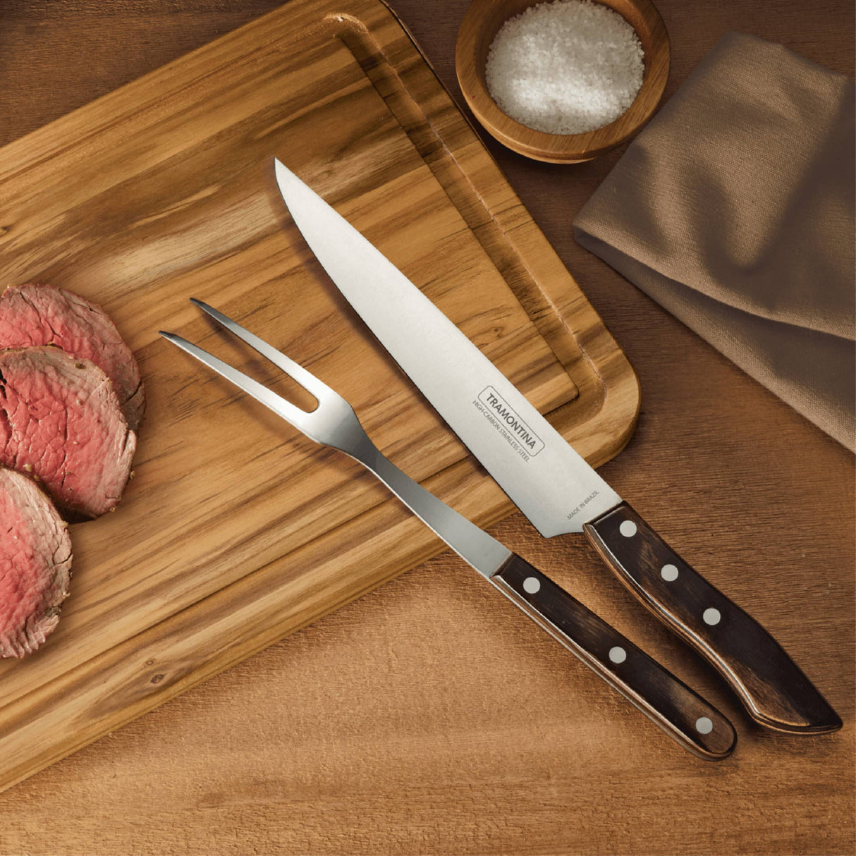 Tramontina Churrasco 3-Pieces Barbecue Carving Set with Stainless Steel Blades and Treated Brown Polywood Handles and Wood Cutting Board