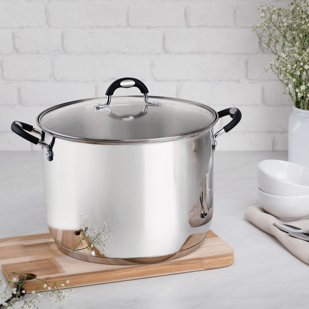 Tramontina Solar Silicone 30cm 15.4L Stainless Steel Stock Pot – Tri-Ply Bottom, Induction Ready, Dishwasher Safe