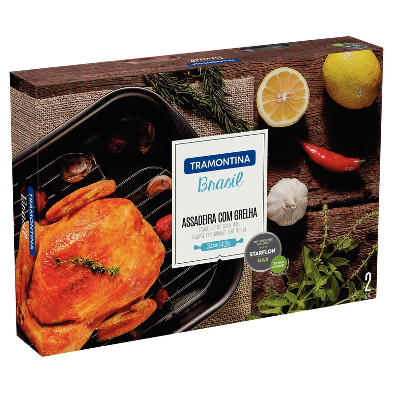 Tramontina Brasil Aluminum Deep Roasting Pan with Grill and Starflon Max Nonstick Interior and Exterior Coating Graphite, 34 cm, 4,9 L