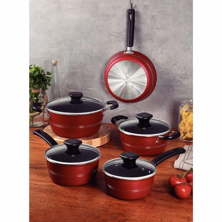 Tramontina Sicilia 9 Pieces Red Aluminum Cookware Set with Interior and Exterior Starflon Excellent Nonstick Coating