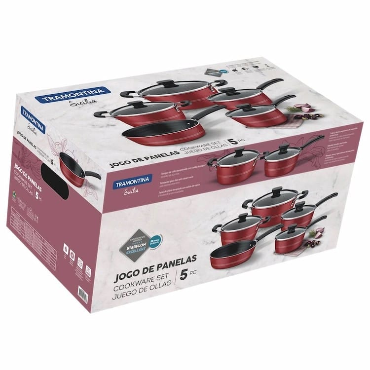 Tramontina Sicilia 9 Pieces Red Aluminum Cookware Set with Interior and Exterior Starflon Excellent Nonstick Coating