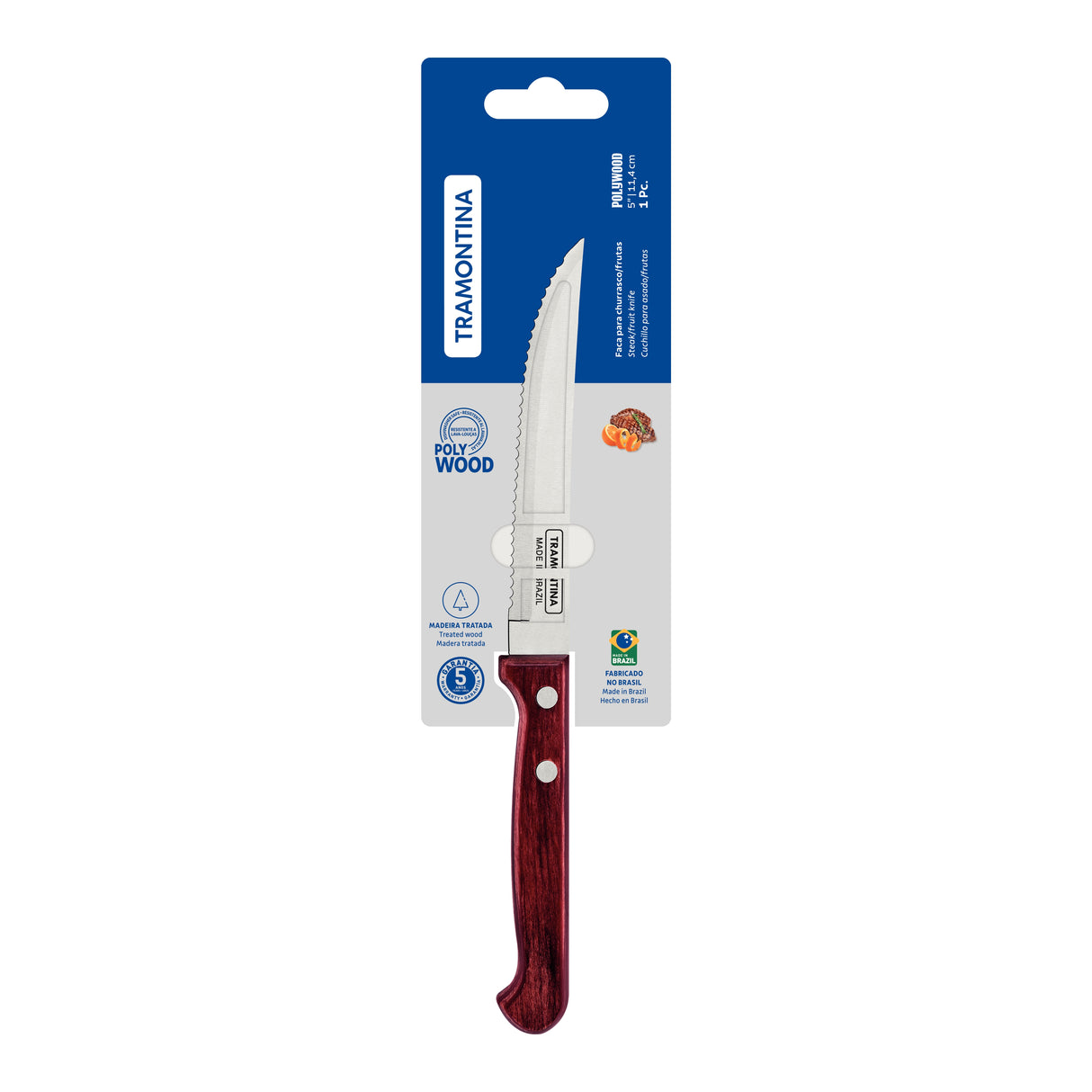 Tramontina Polywood 5" Steak and Fruit Knife with Stainless-Steel Blade and Red Treated Wood Handle