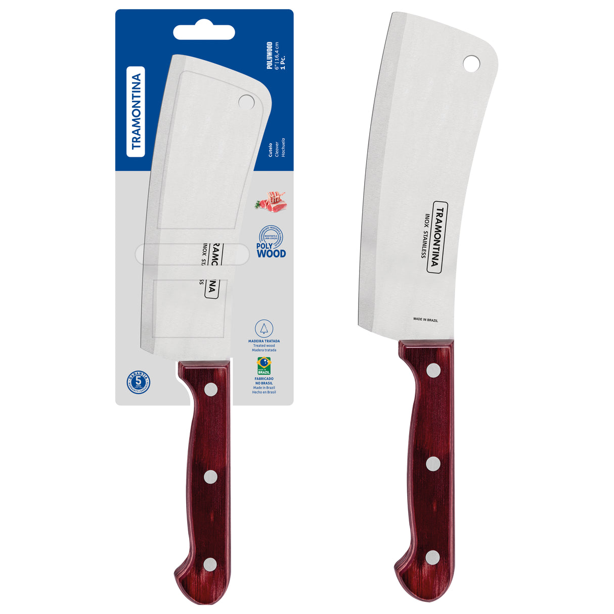 Tramontina Polywood 6" Cleaver with Stainless-Steel Blade and Red Treated Wood Handle