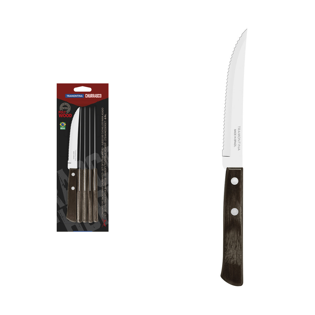 Tramontina 6-Piece Set of Steak Knives with Stainless-Steel Blades and Brown Polywood Handles