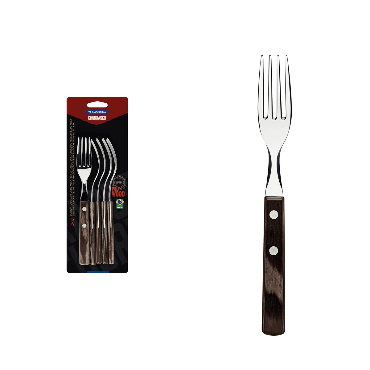 Tramontina 6-Piece Steak Fork Set with Stainless-Steel Blades and Treated Brown Polywood Handles