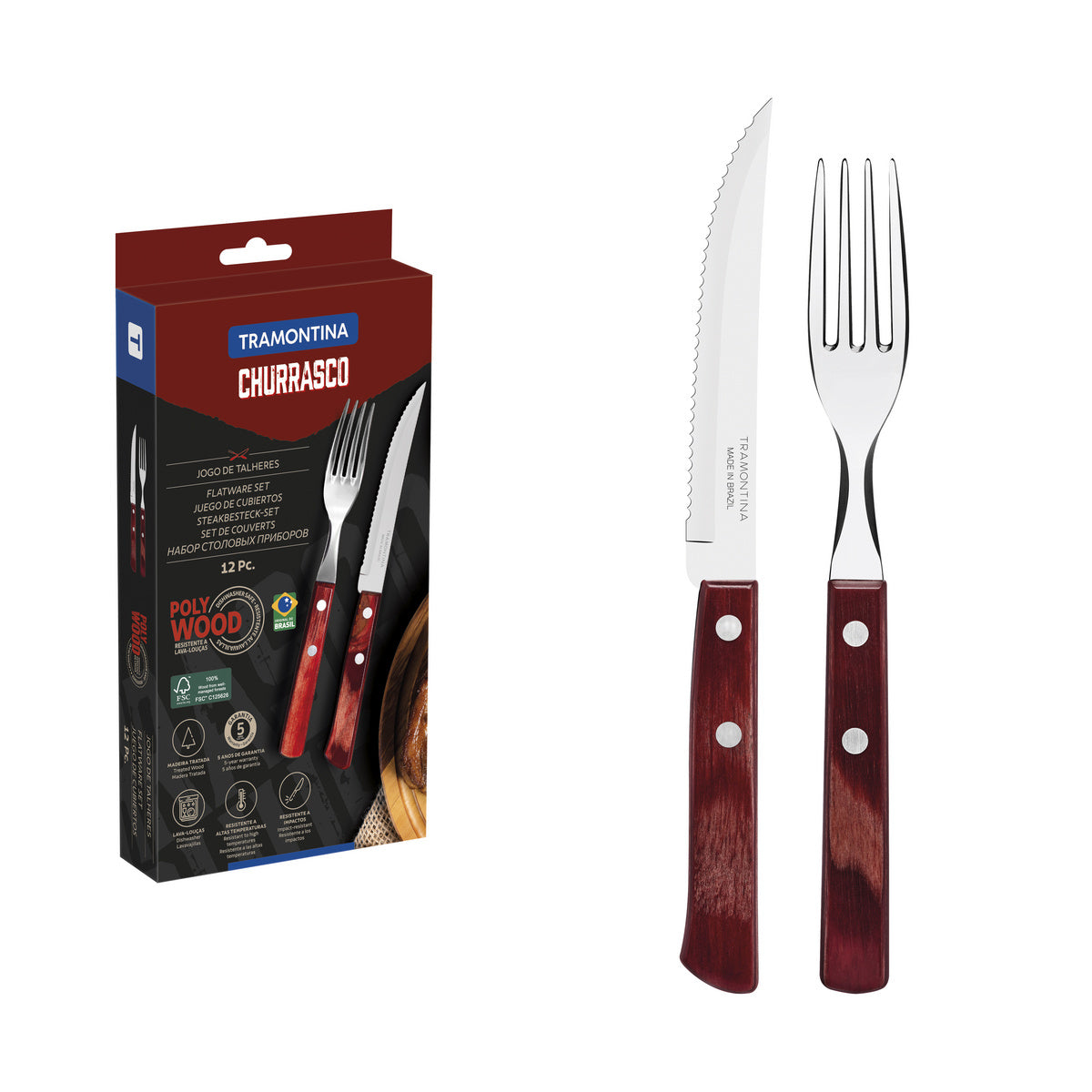 Tramontina 12-Piece Barbecue Flatware with Stainless-Steel Blades and Treated Red Polywood Handles