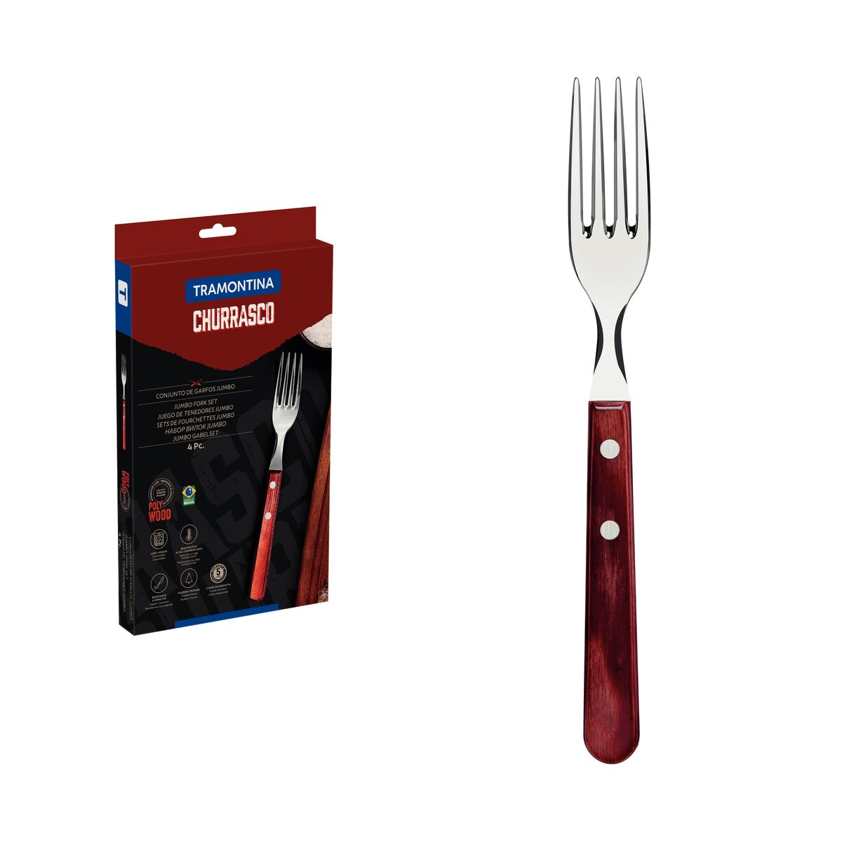 Tramontina 4-Piece Jumbo Steak Fork Set Stainless-Steel with Treated Red Polywood Handles