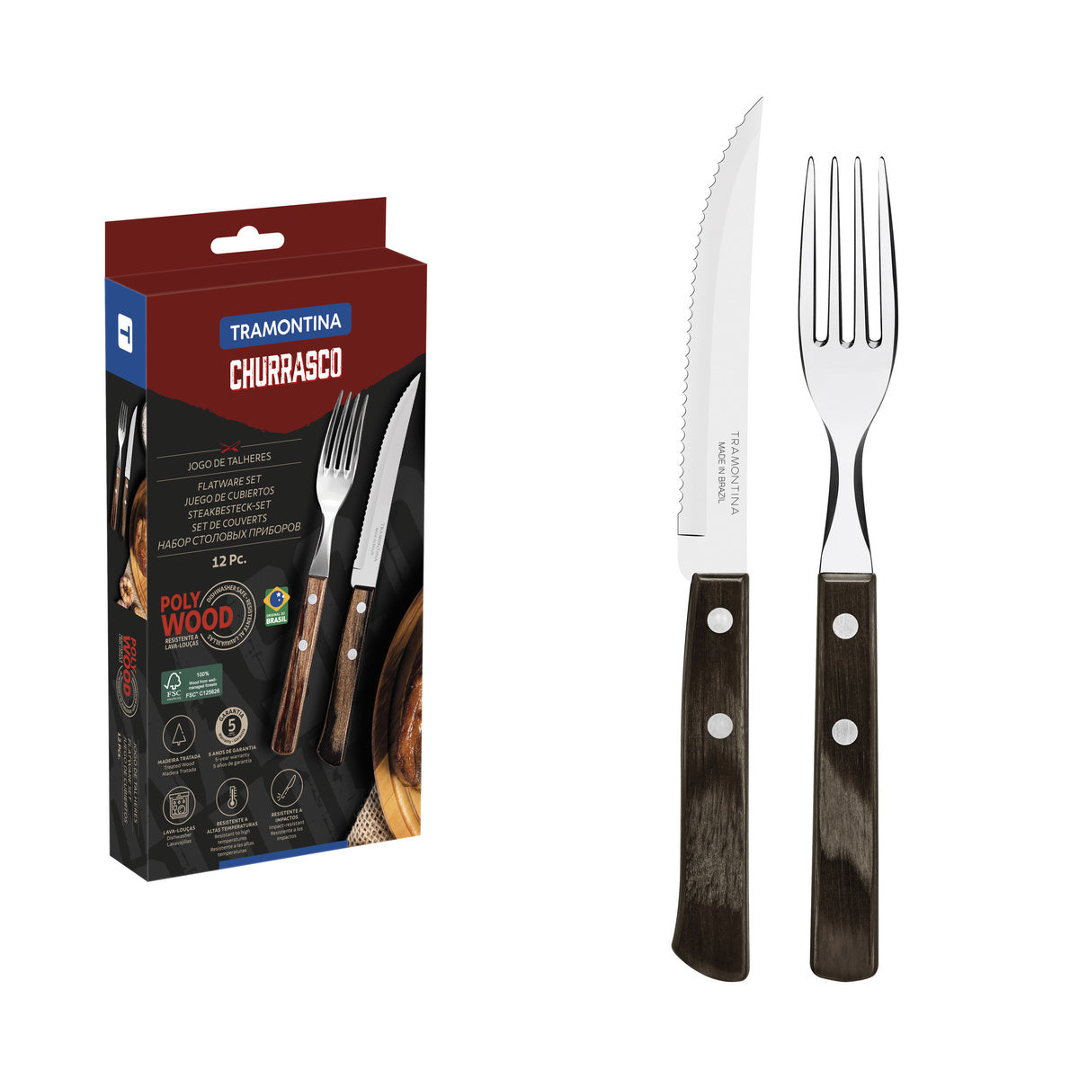 Tramontina 12-Piece Flatware Set with Stainless-Steel  Blades and Treated Brown Polywood Handles