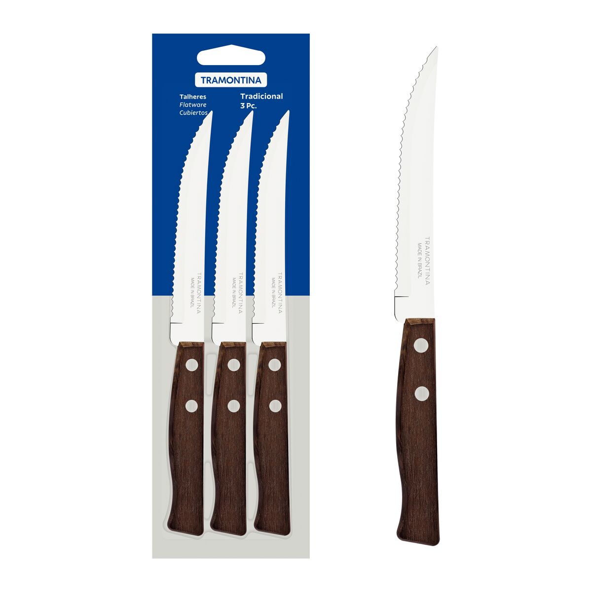 Tramontina Tradicional 3-Piece Set of Steak and Fruit Knives with Stainless-Steel Blades and Natural Wood Handles