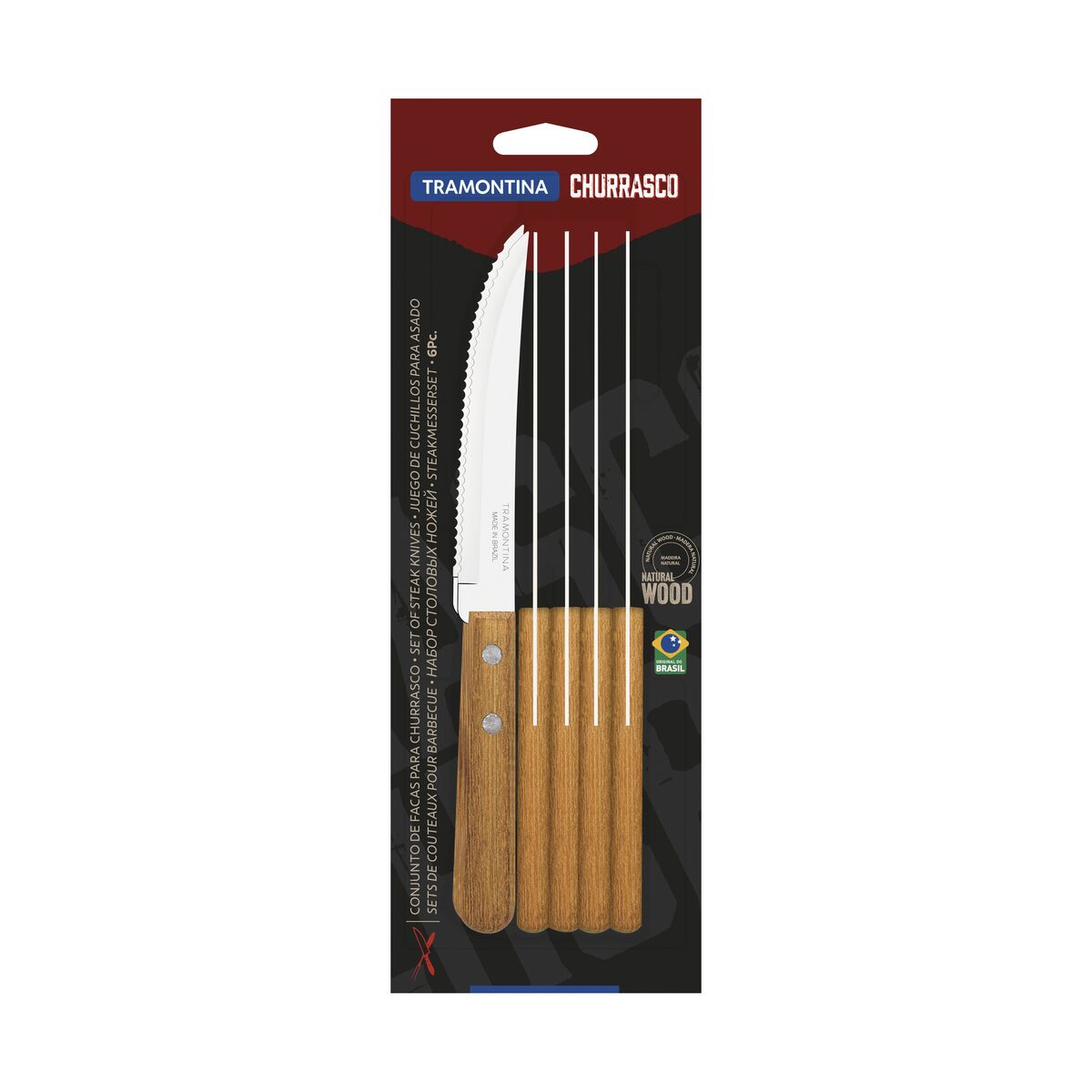 Tramontina Dynamic 6-Piece Set of Steak Knives with Stainless-Steel Blades and Natural Wood Handles
