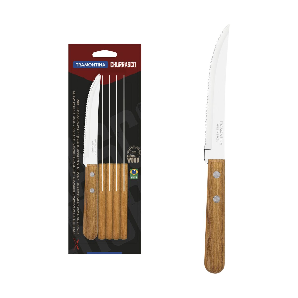 Tramontina Dynamic 6-Piece Set of Steak Knives with Stainless-Steel Blades and Natural Wood Handles