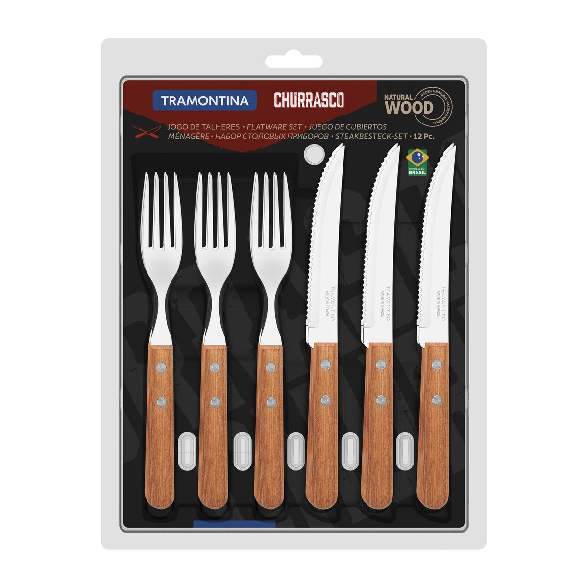 Tramontina Churrasco 12-Piece Flatware Set with Stainless-Steel Blades and Natural Wood Handles