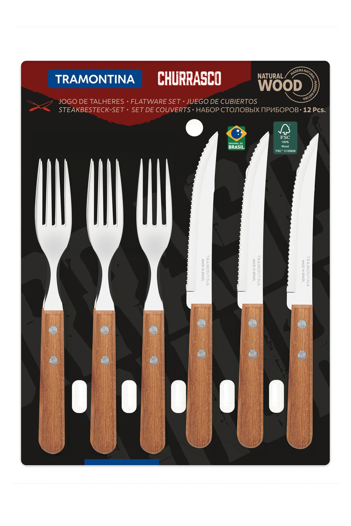 Tramontina Churrasco 12-Piece Flatware Set with Stainless-Steel Blades and Natural Wood Handles