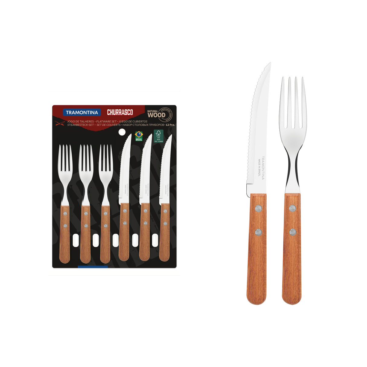 Tramontina Churrasco 12-Piece Flatware Set with Stainless-Steel Blades and Natural Wood Handles