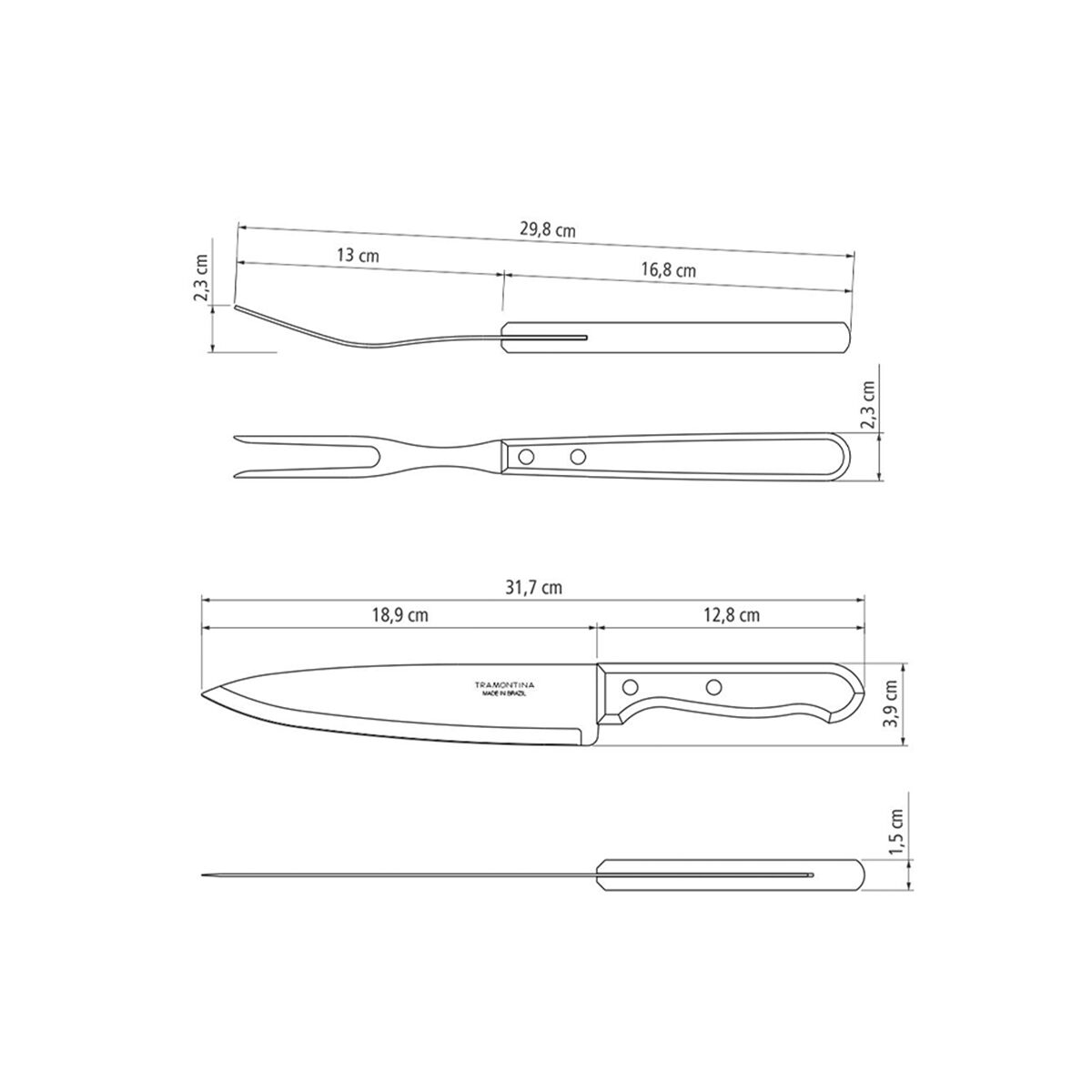 Tramontina 3-Piece Barbecue Kit with Stainless-Steel Blades and Natural Wood Handles