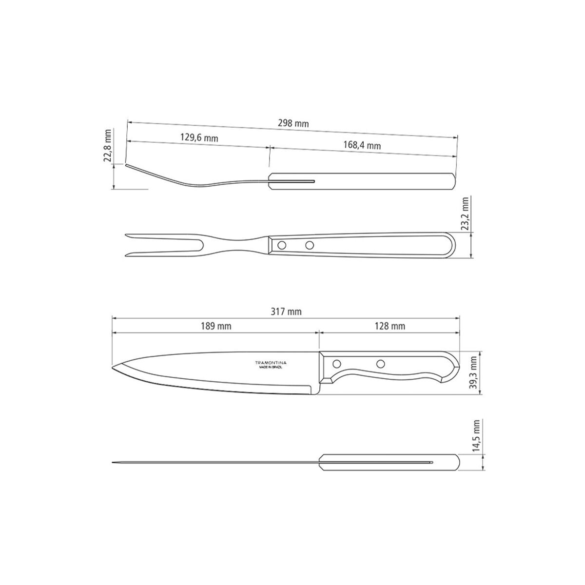 Tramontina 3-Piece Barbecue Kit with Stainless-Steel Blades and Natural Wood Handles
