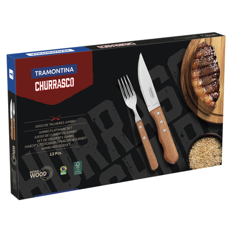Tramontina Dynamic 12-Piece Barbecue Set with Stainless Steel Blades and Natural Wooden Handles