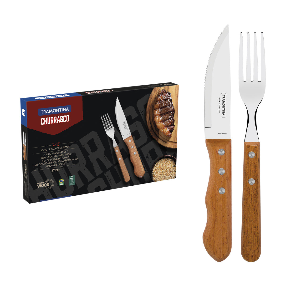 Tramontina Dynamic 12-Piece Barbecue Set with Stainless Steel Blades and Natural Wooden Handles