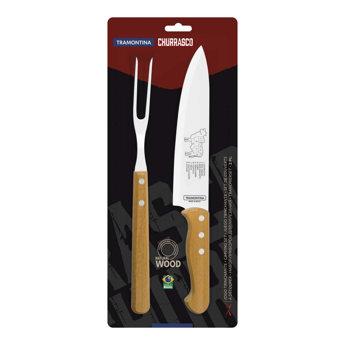 Tramontina 2-Piece Carving Set with Stainless-Steel Blades and Natural Wood Handles
