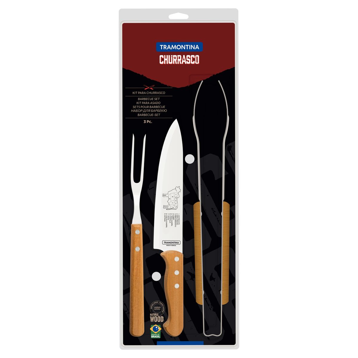 Tramontina 3-Piece Barbecue Set with Stainless-Steel Blades and Natural Wood Handles