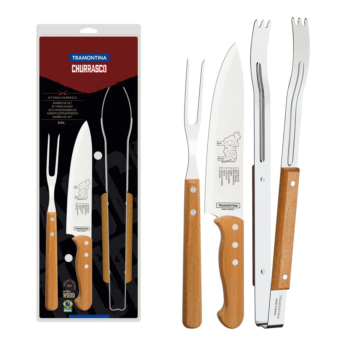 Tramontina 3-Piece Barbecue Set with Stainless-Steel Blades and Natural Wood Handles