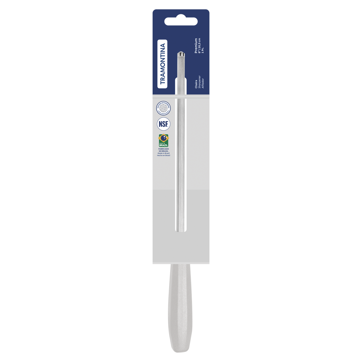 Tramontina Premium 8" Hard Chrome-plated Carbon Steel Honing rod with White Polypropylene Handle