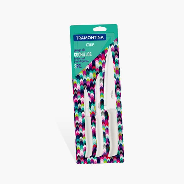 Tramontina Athus 3 Pieces Knife Set with Stainless Steel Blade and White Polypropylene Handle