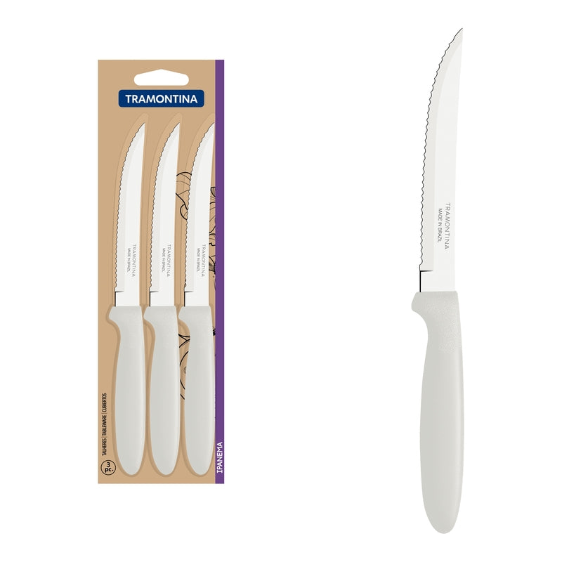 Tramontina Ipanema stainless steel steak knife set with white polypropylene handles, 3 pc set