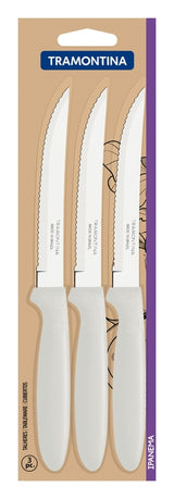 Tramontina Ipanema stainless steel steak knife set with white polypropylene handles, 3 pc set