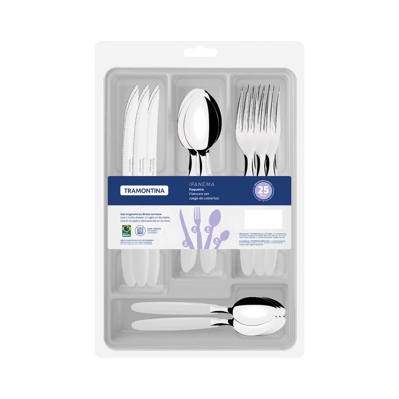 Tramontina Ipanema 25-Piece Flatware Set with Stainless-Steel Blades White Polypropylene Handles and Plastic Drawer Organizer