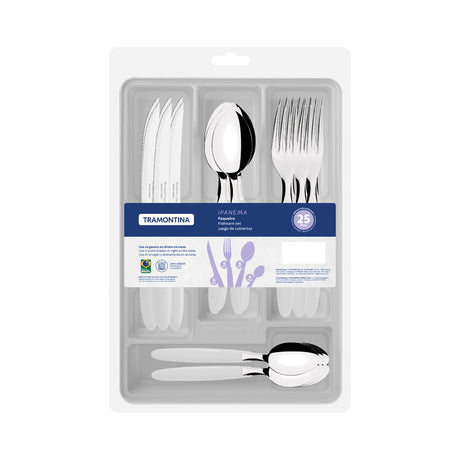 Tramontina Ipanema 25-Piece Flatware Set with Stainless-Steel Blades White Polypropylene Handles and Plastic Drawer Organizer