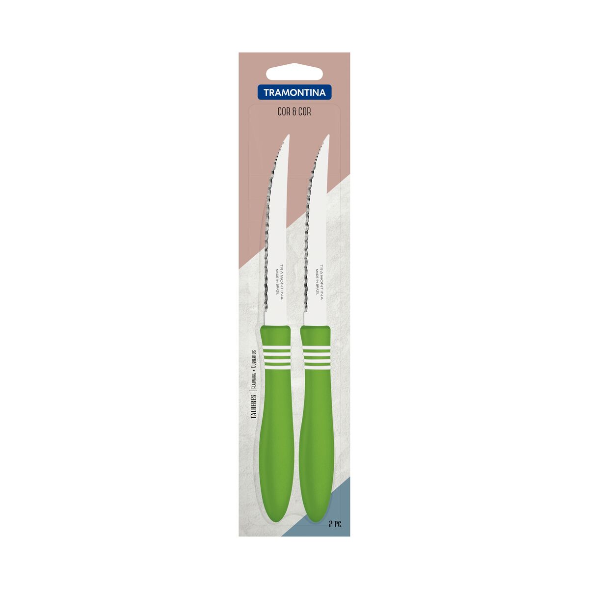 Tramontina Cor&Cor 2 Pieces Steak Knife Set with Stainless Steel Blade and Green Polypropylene Handle