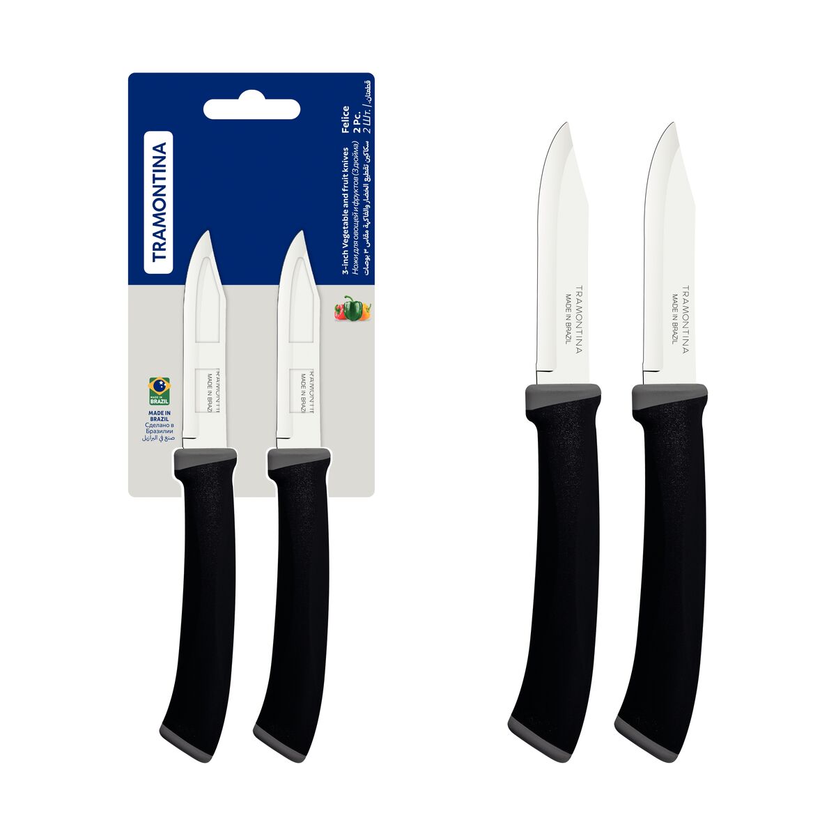 Tramontina Felice 2-Piece Vegetable and Fruit Knife Set with Stainless-Steel Blades and Black Polypropylene Handles