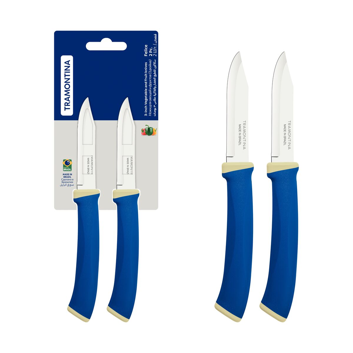 Tramontina Felice 2-Piece Vegetable and Fruit Knife Set with Stainless-Steel Blades and Blue Polypropylene Handles