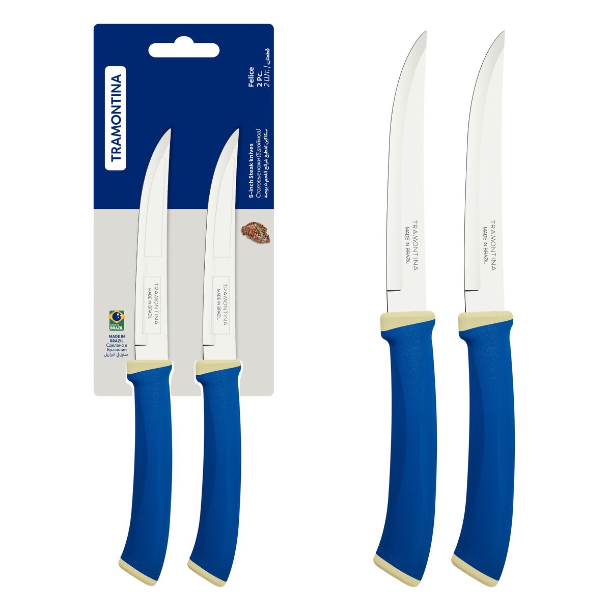 Tramontina Felice 2-Piece Steak Knife Set with Stainless-Steel Blades, Plain Edges and Blue Polypropylene Handles