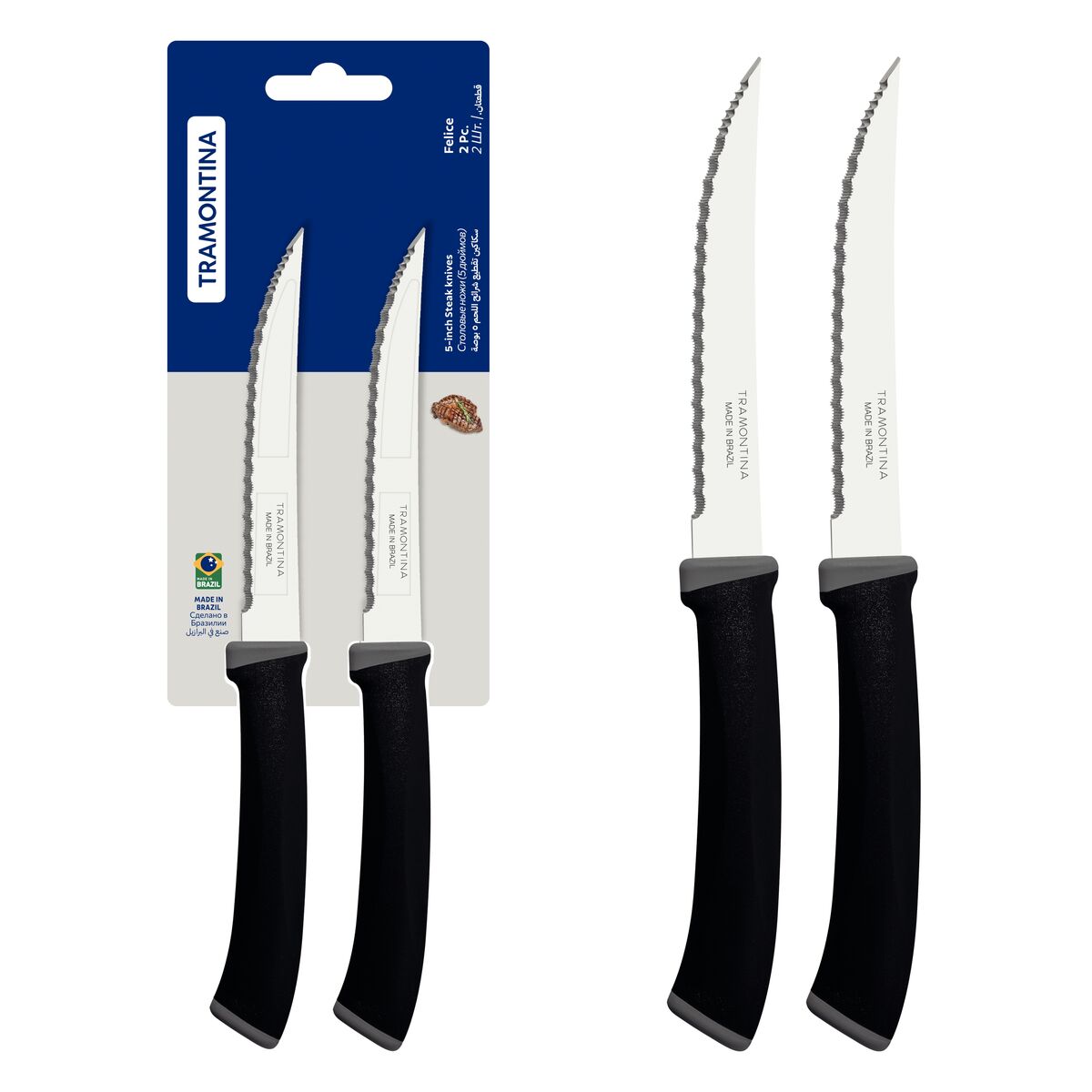 Tramontina Felice 2-Piece Steak Knife Set with Stainless-Steel Blades, Micro-Serrated Edges and Black Polypropylene Handles