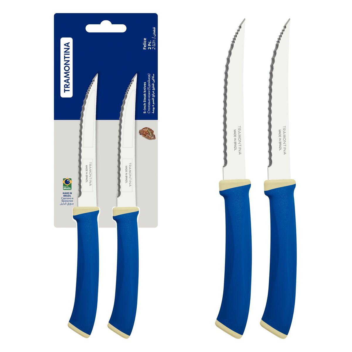 Tramontina Felice 2-Piece Steak Knife Set with Stainless-Steel Blades, Micro-Serrated Edges and Blue Polypropylene Handles