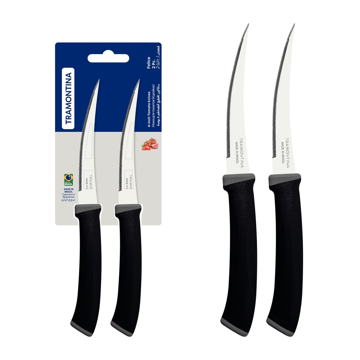 Tramontina Felice 2-Piece Tomato Knife Set with Stainless-Steel Blades and Black Polypropylene Handles