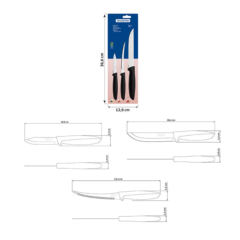 Tramontina Plenus 6-Piece Knife Set with Stainless-Steel Blades and Black Polypropylene Handles