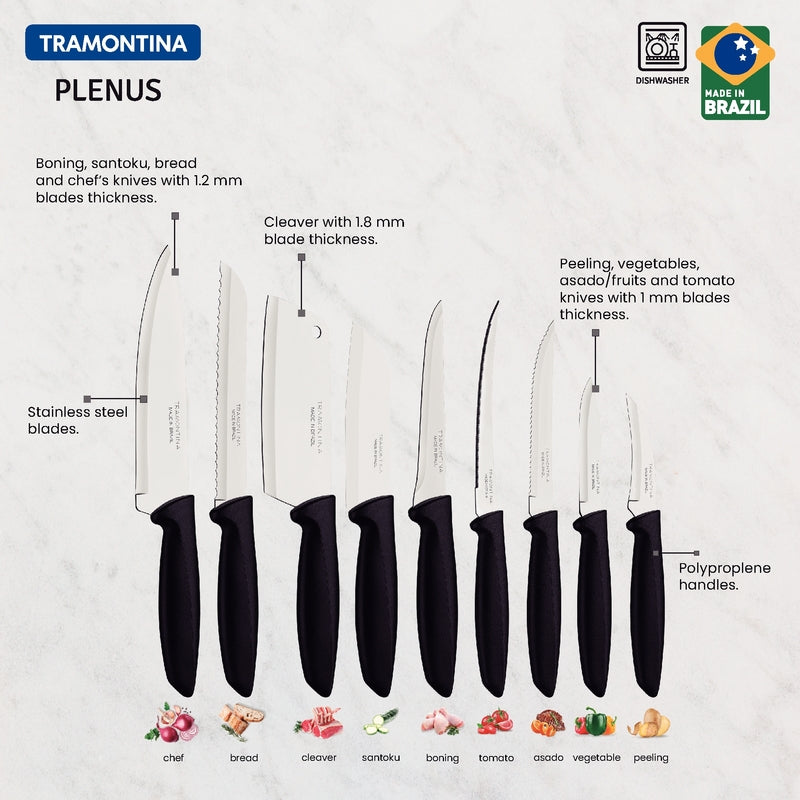 Tramontina Plenus 9 Pieces Knife Set with Stainless Steel Blade and Black Polypropylene Handle