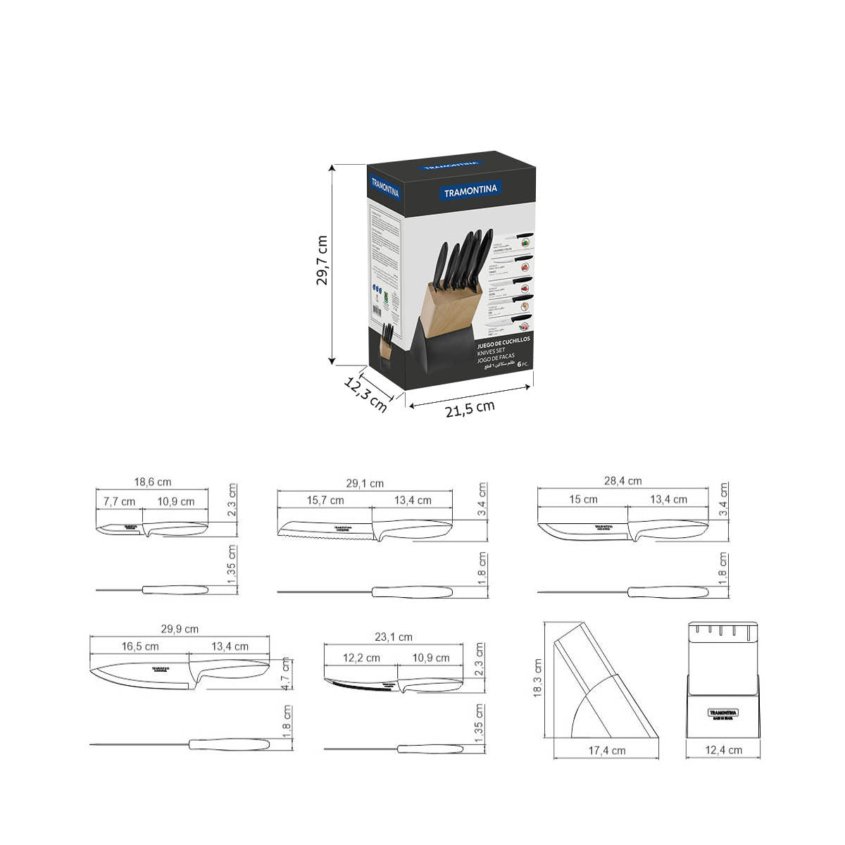 Tramontina Plenus 6-Piece Knife Set with Stainless-Steel Blades and Black Polypropylene Handles