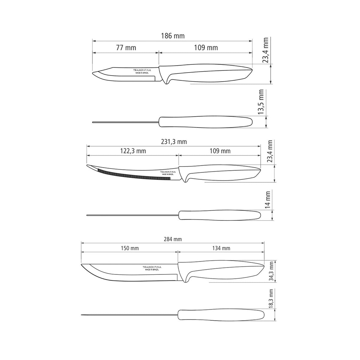 Tramontina Plenus 6-Piece Knife Set with Stainless-Steel Blades and Black Polypropylene Handles