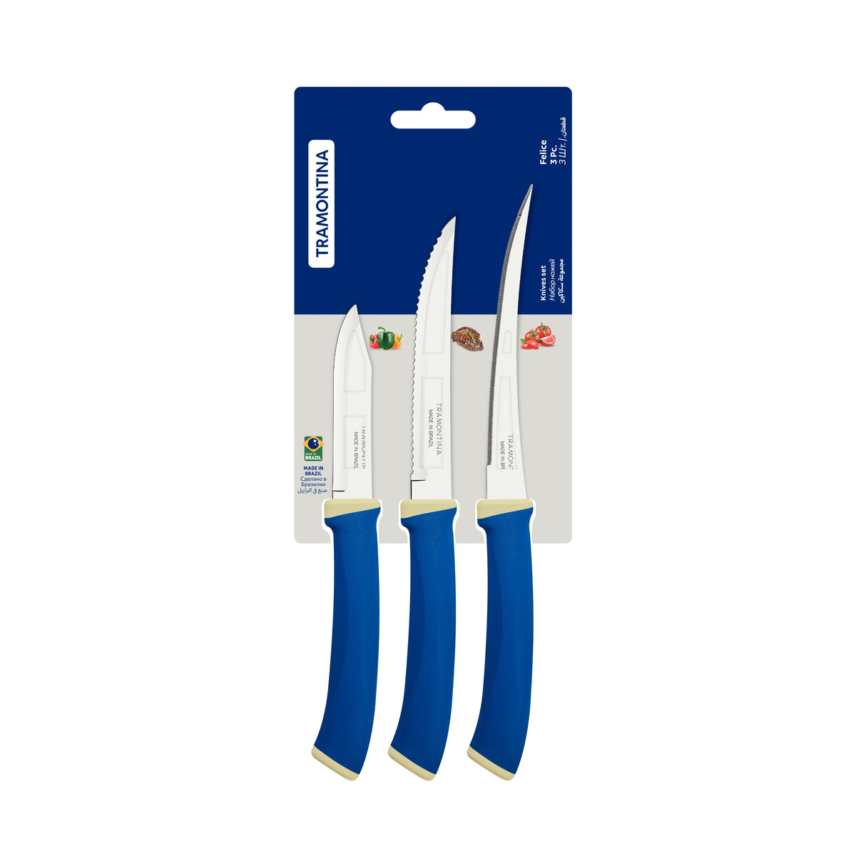 Tramontina Felice 3-Piece Knife Set with Stainless-Steel Blades and Blue Polypropylene Handles