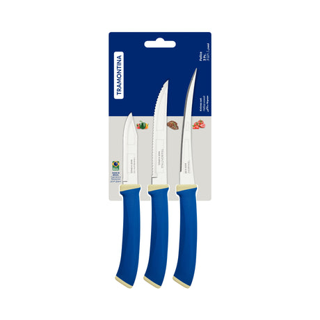 Tramontina Felice 3-Piece Knife Set with Stainless-Steel Blades and Blue Polypropylene Handles
